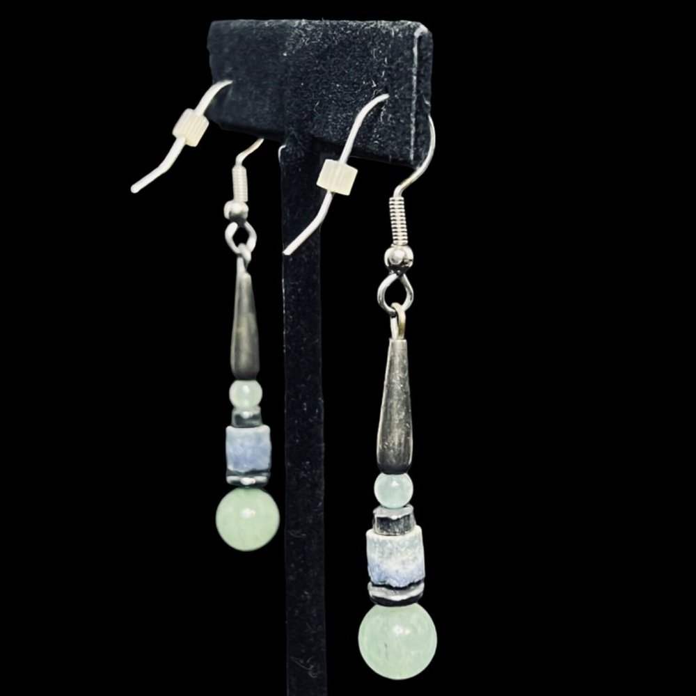 Semi Precious Green & Blue Bead Necklace, Bracelet & Pierced Earrings Set (4939) - Picture 10 of 13
